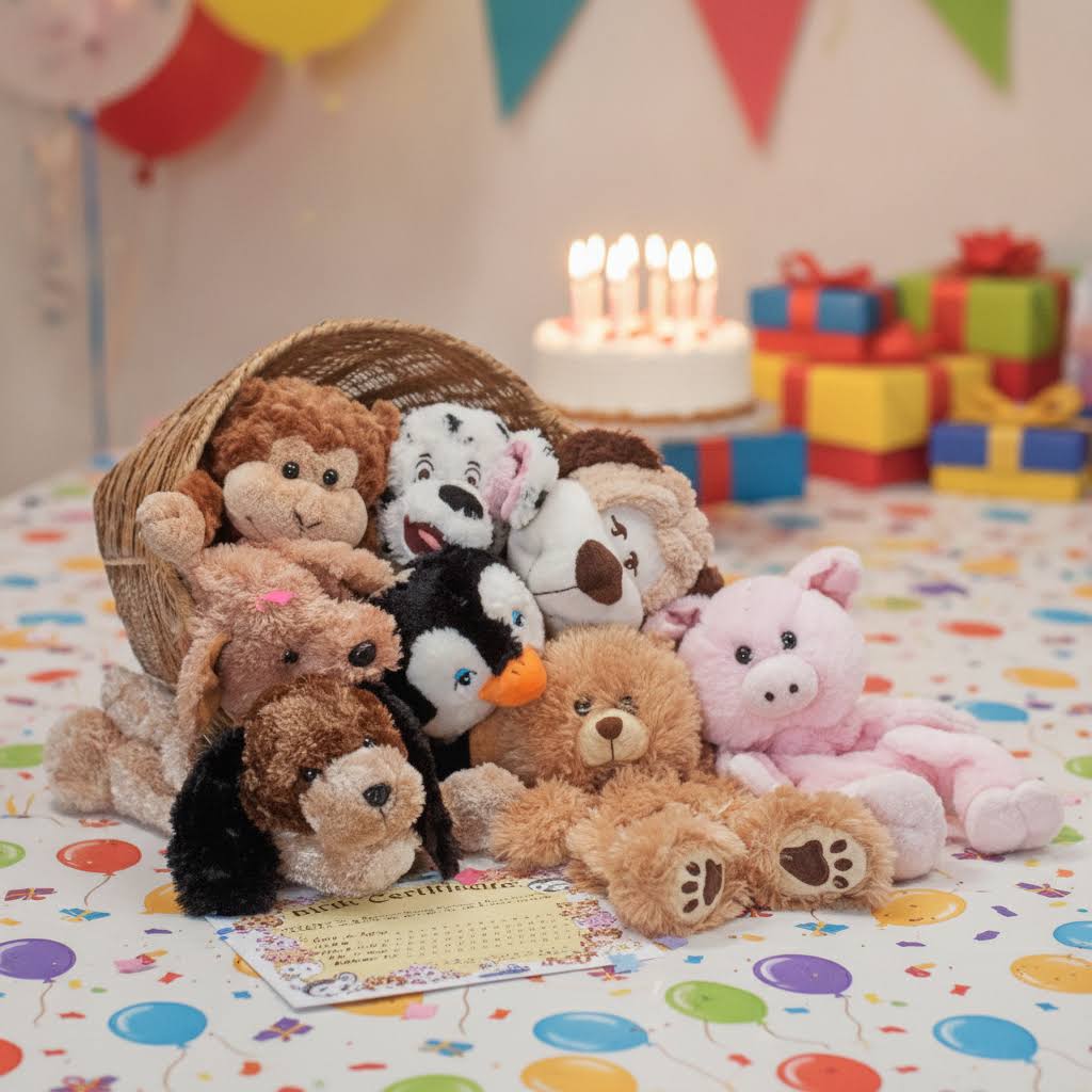 Assorted 15"/16" party kit. Animal skins, stuffing bags, birth cert.